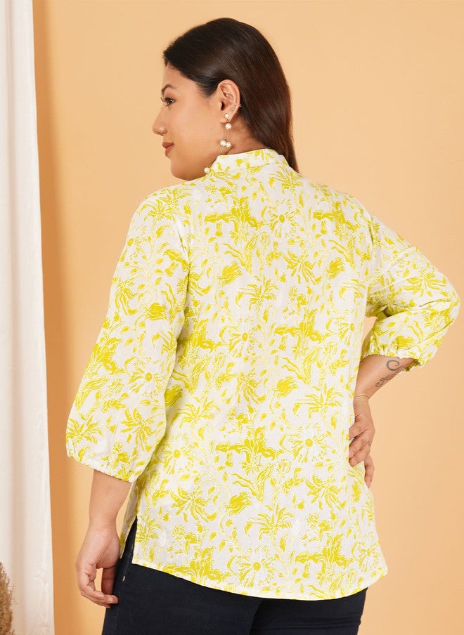 Indietoga Inditoga Women Plus Size Floral Printed Mandarin Collar Cotton Tunic - Image 5